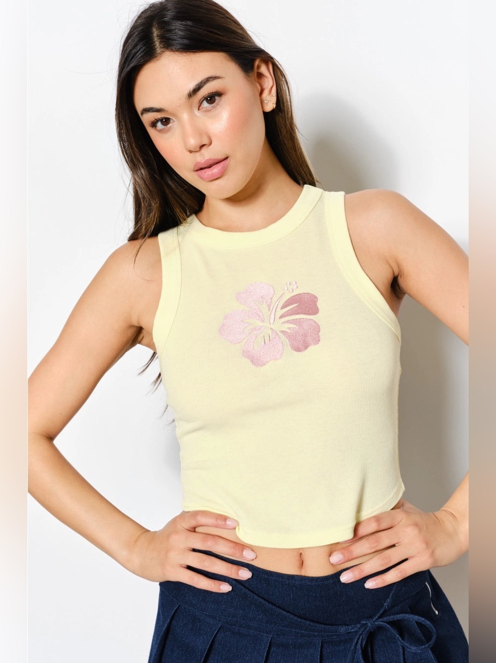 Embroidered Hibiscus Flower Ribbed Tank Top - Pretty Garbage - Picture 2 of 6